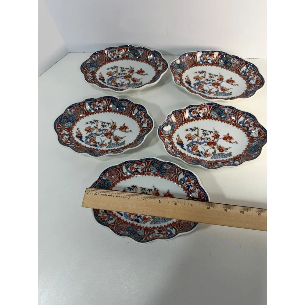 Japanese Arita Imari Porcelain Oval Scalloped Bowls Bamboo Floral Set of 5 Japan